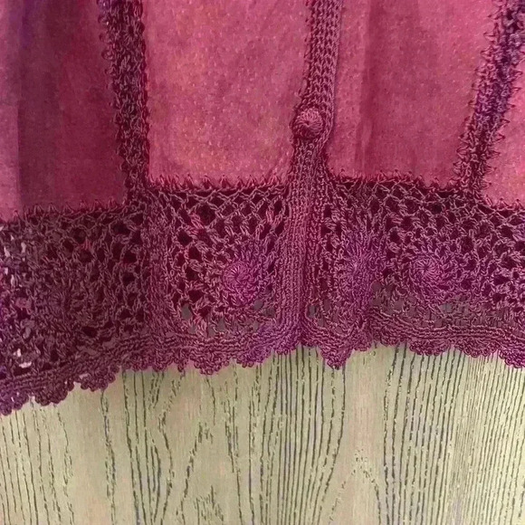 Vintage 1990s Burgundy Suede Crochet Lace
Trim Patchwork Button Up long Jacket - Picture 4 of 7